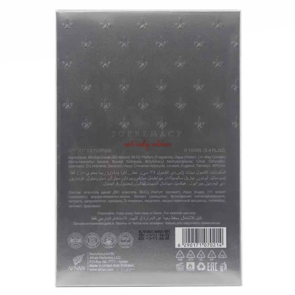 Supremacy Afnan Not Only Intense 100 ml EXTRAIT DE PARFUM (U) Supre macy Man Afnan Luxury Collection - Sham Perfume Store Perfume